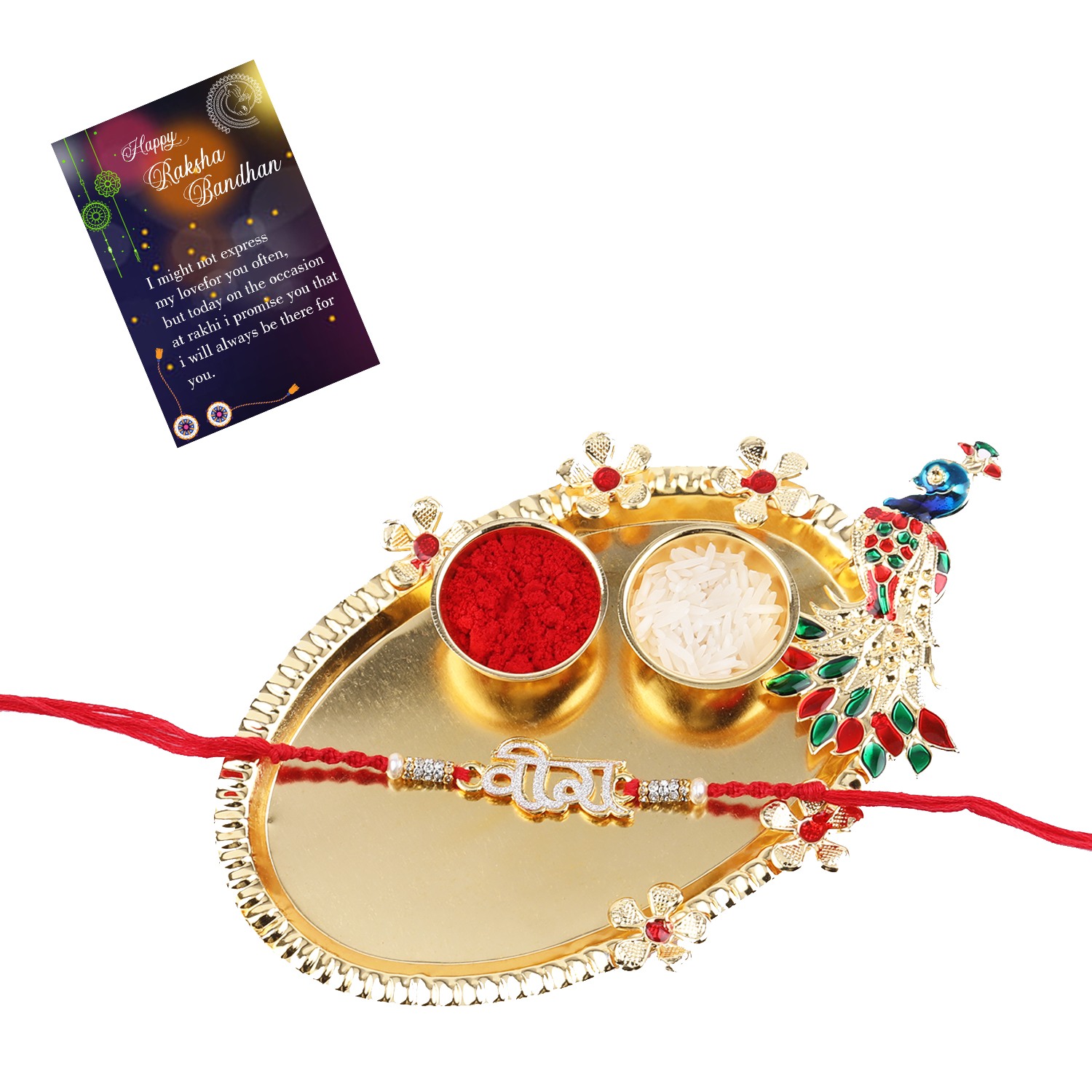  Rakhi Bracelet "VEERA" Daimond Stud For  Bhaiya/Brother/Bhai With Roli Chawal And 1 Greeting Card 1 Kankawati Pooja Thali 