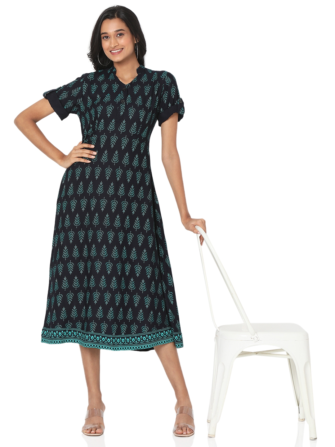 Smarty Pants | Smarty Pants women's cotton fabric green color alpine tree printed dress. 5