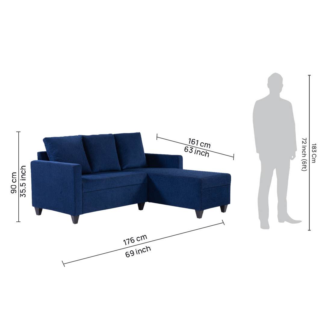 neudot Saya LHS Sectional Sofa for Living Room |4 Person Sofa| Premium Fabric with Cushioned Armrest | 12 Months Warranty| Solid Wood Frame| 4 Seater in Saya Blue Color DIY(Do-It-Yourself)
