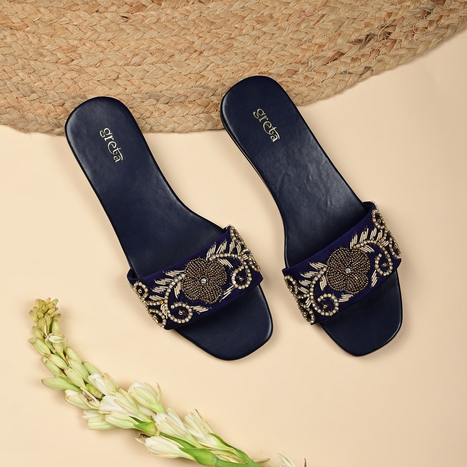 Women's Navy Pearl Accent Embroidered Heel