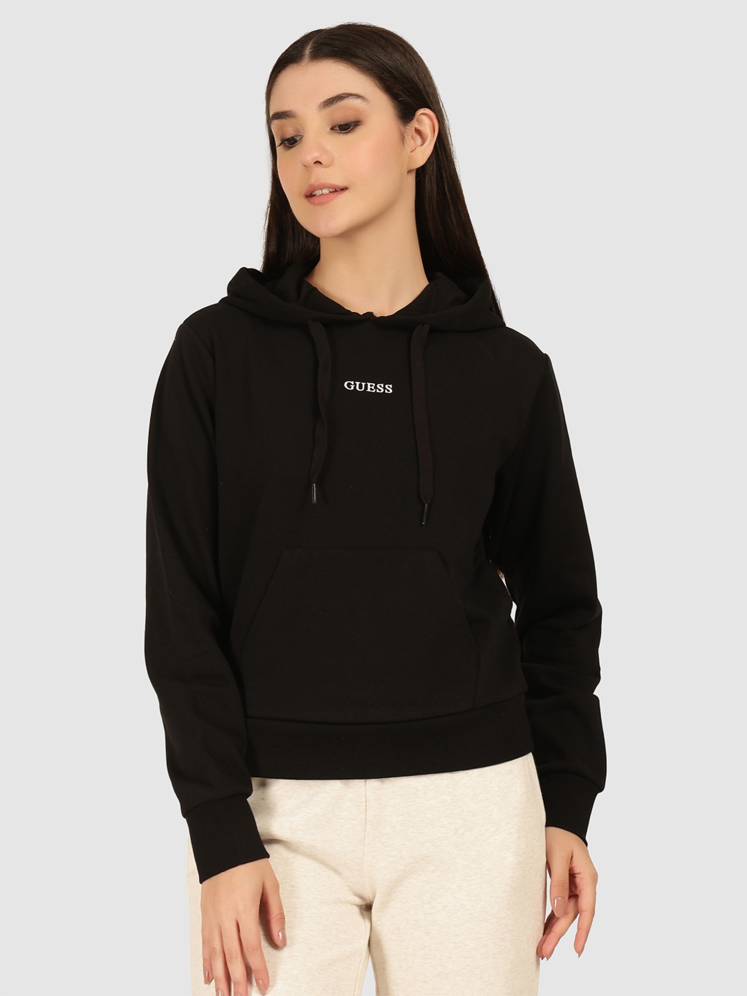 Guess Black Cotton Solid Hoodie Women