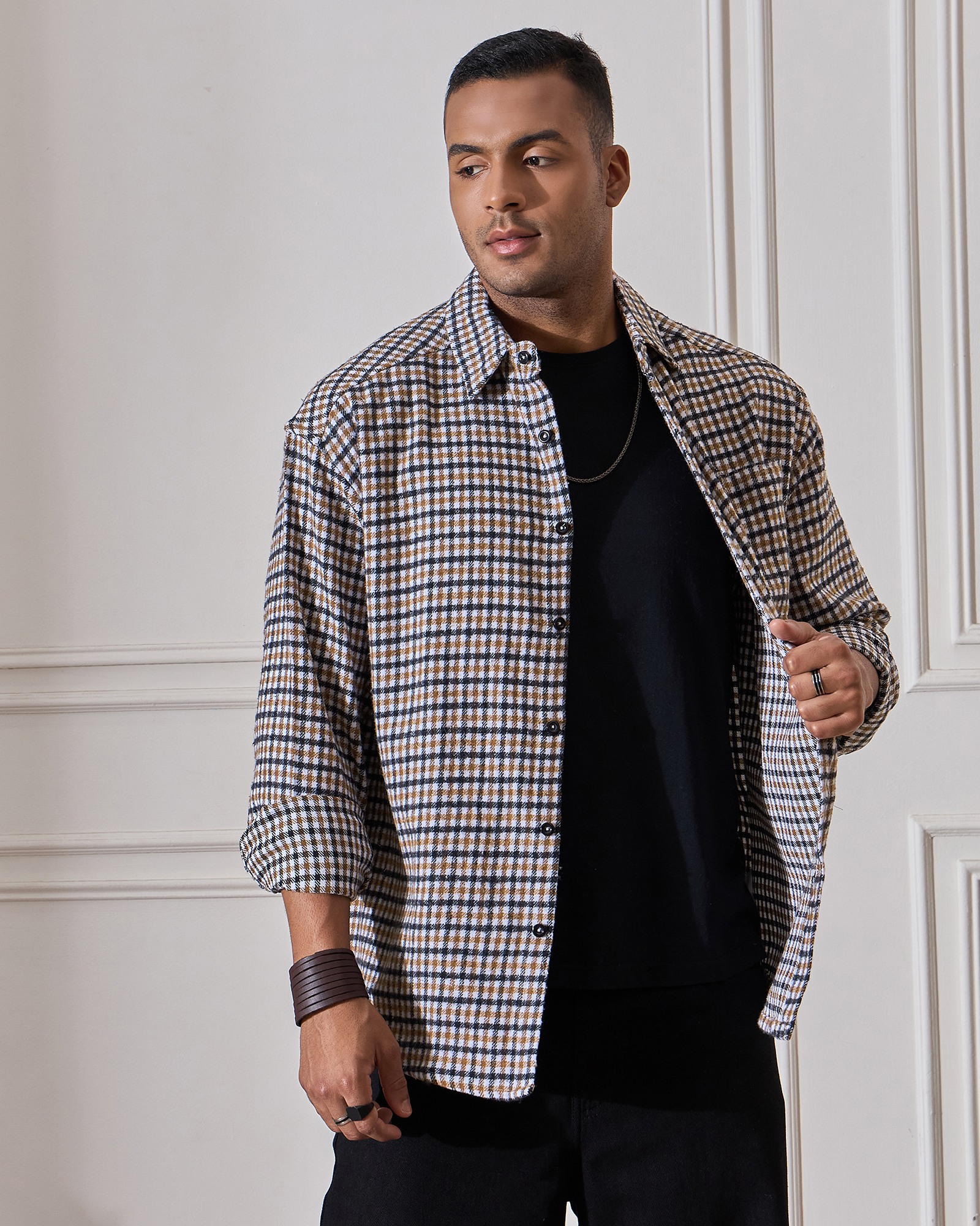 Chimpaaanzee Men White & Brown Oversized Fit Shirt