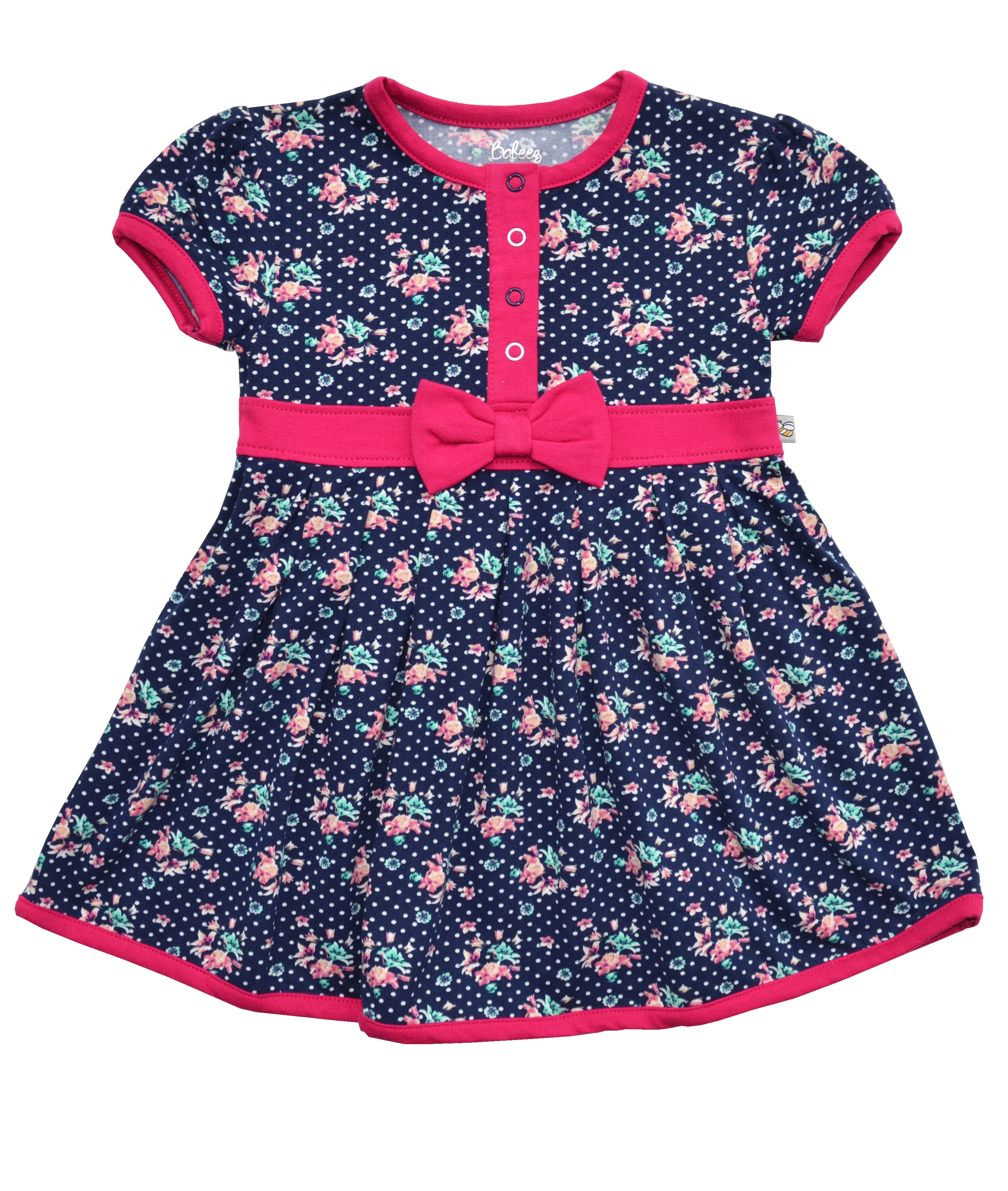 Allover Flower Print on Navy Dress with Pink Bow (95% Cotton 5% Elasthan Jersey)