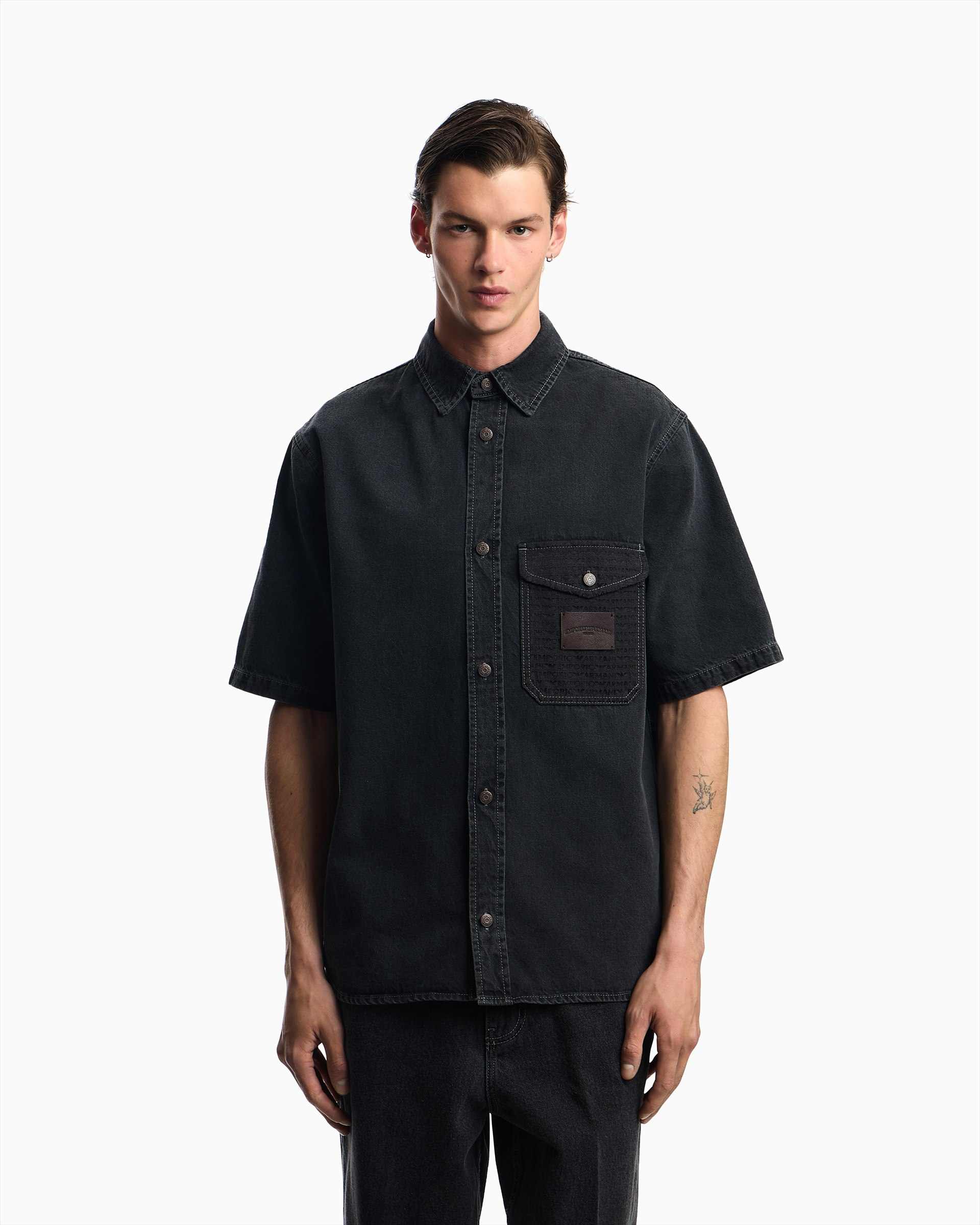 Denim Shirt With Leather Logo Patch