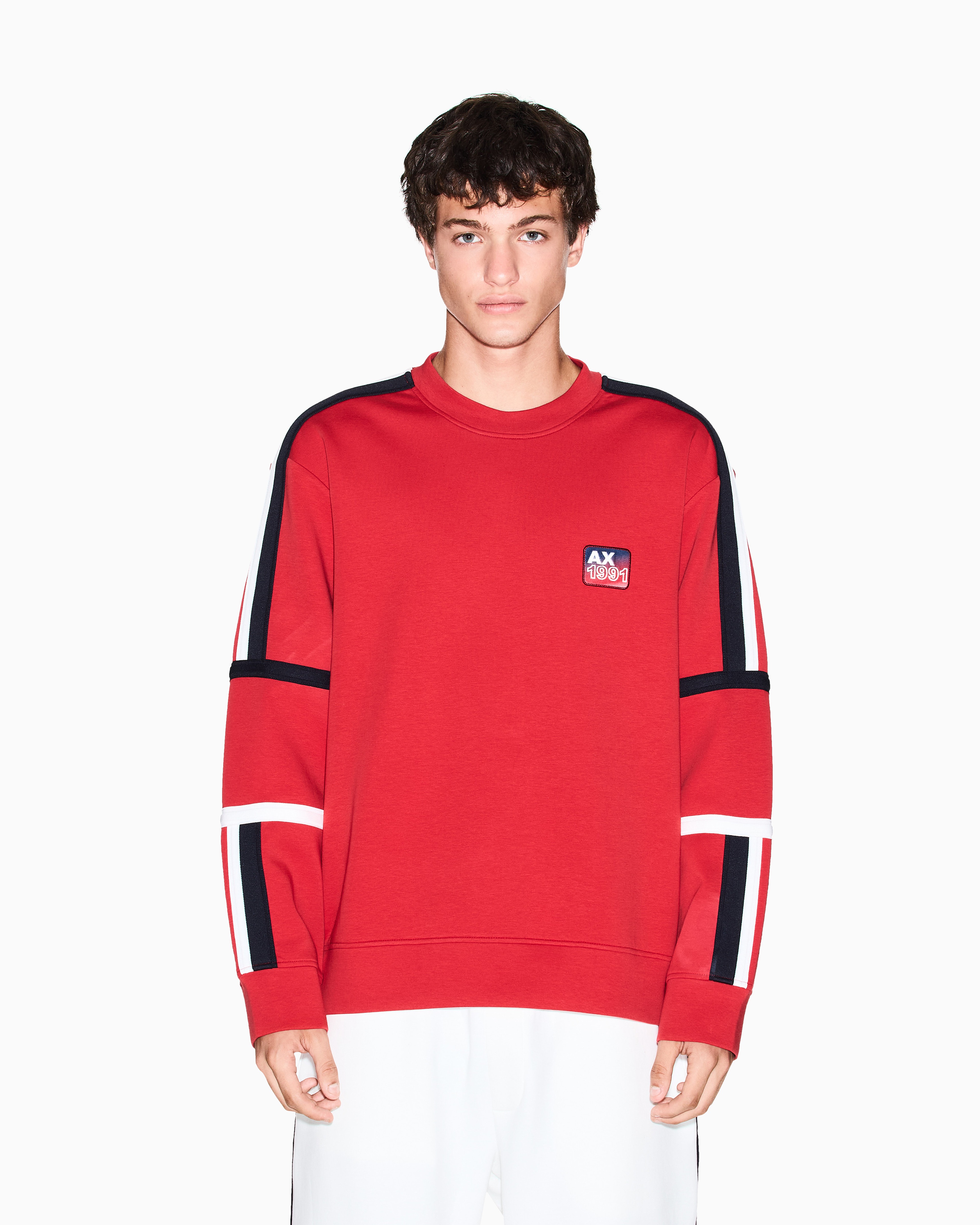 Regular Fit Cotton Crewneck Sweatshirt With Contrast Tape And Logo Patch
