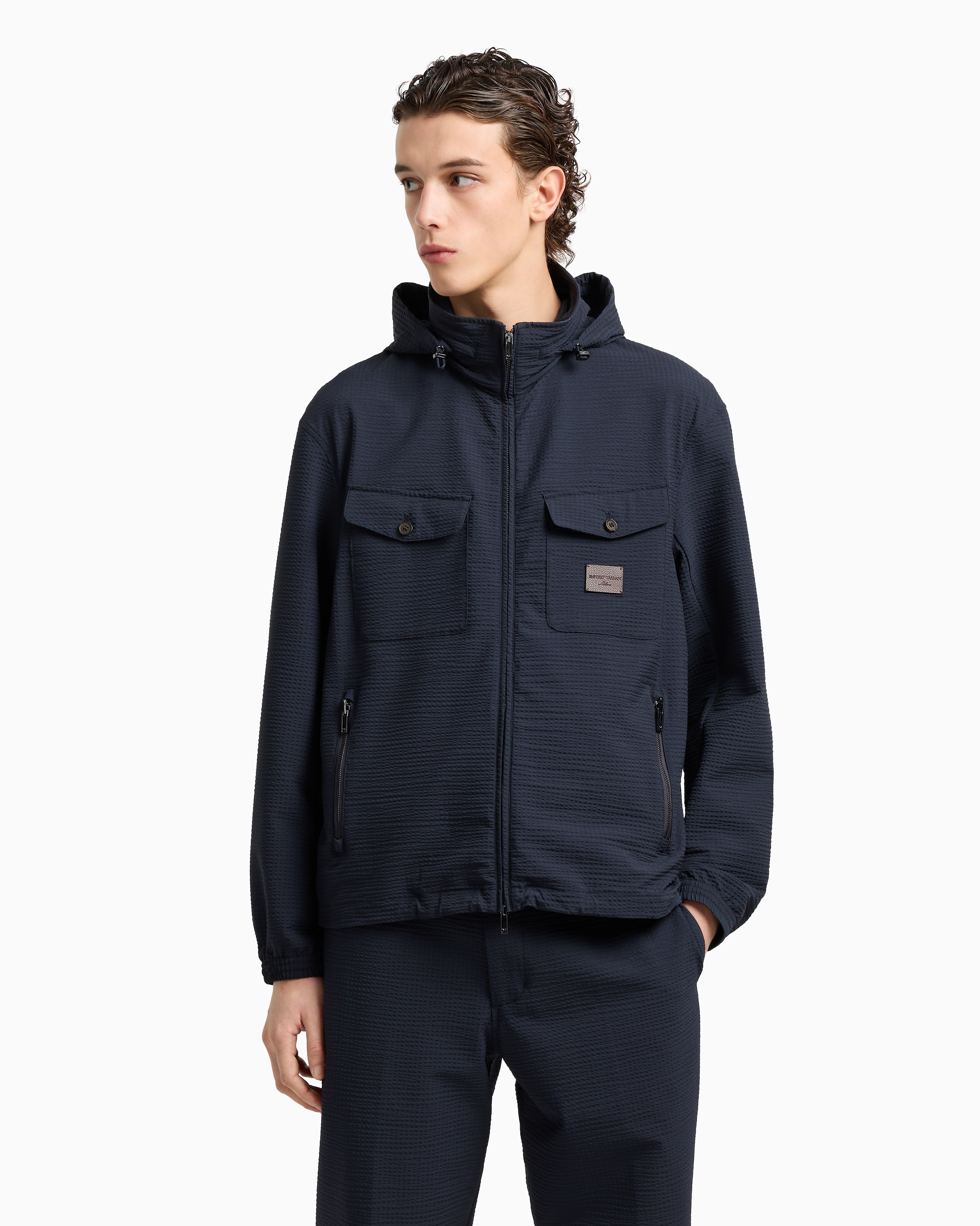 Seersucker Hooded Jacket With Logo Plaque
