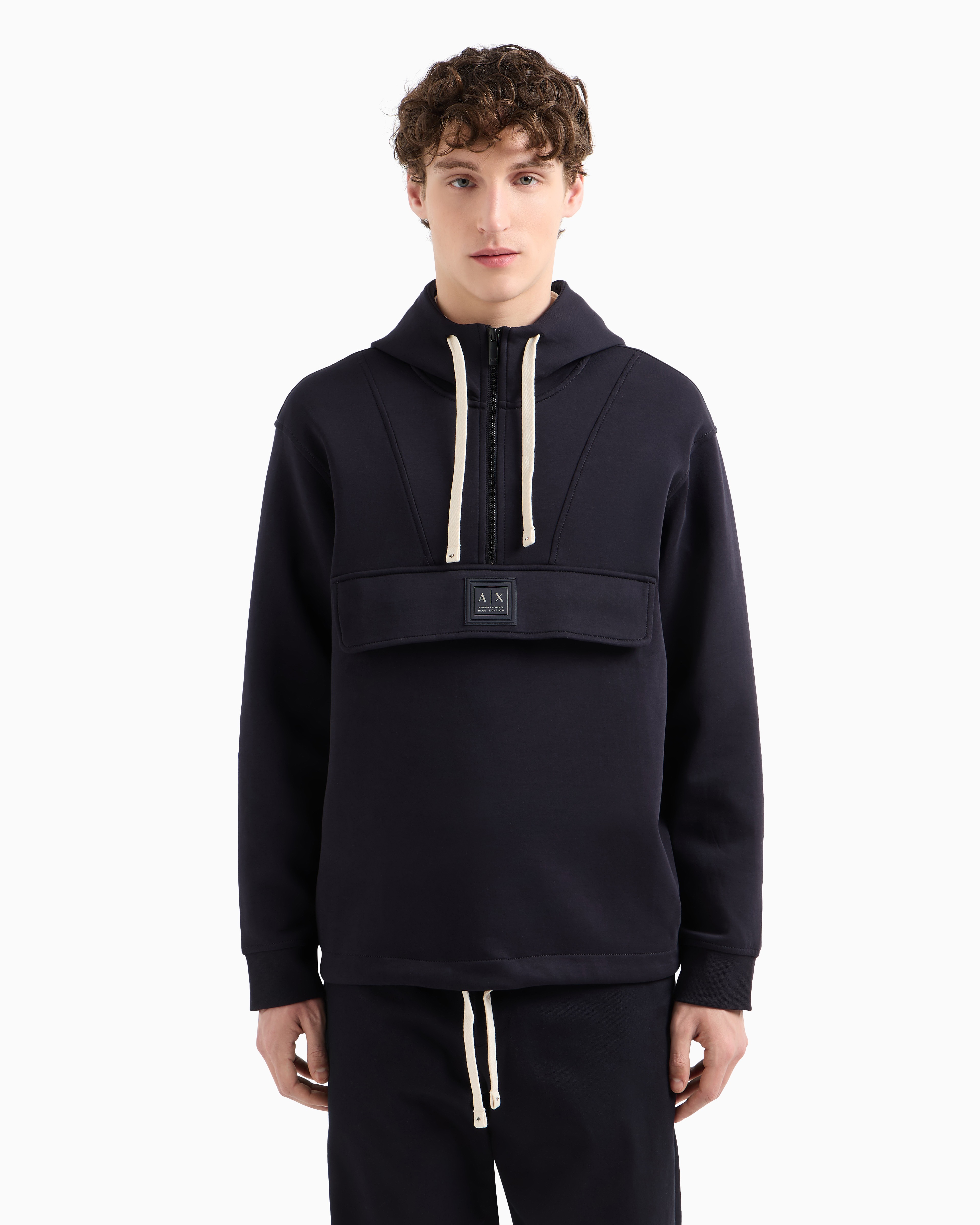 Blue Edition Regular Fit Cotton Hooded Sweatshirt With A Half Zip