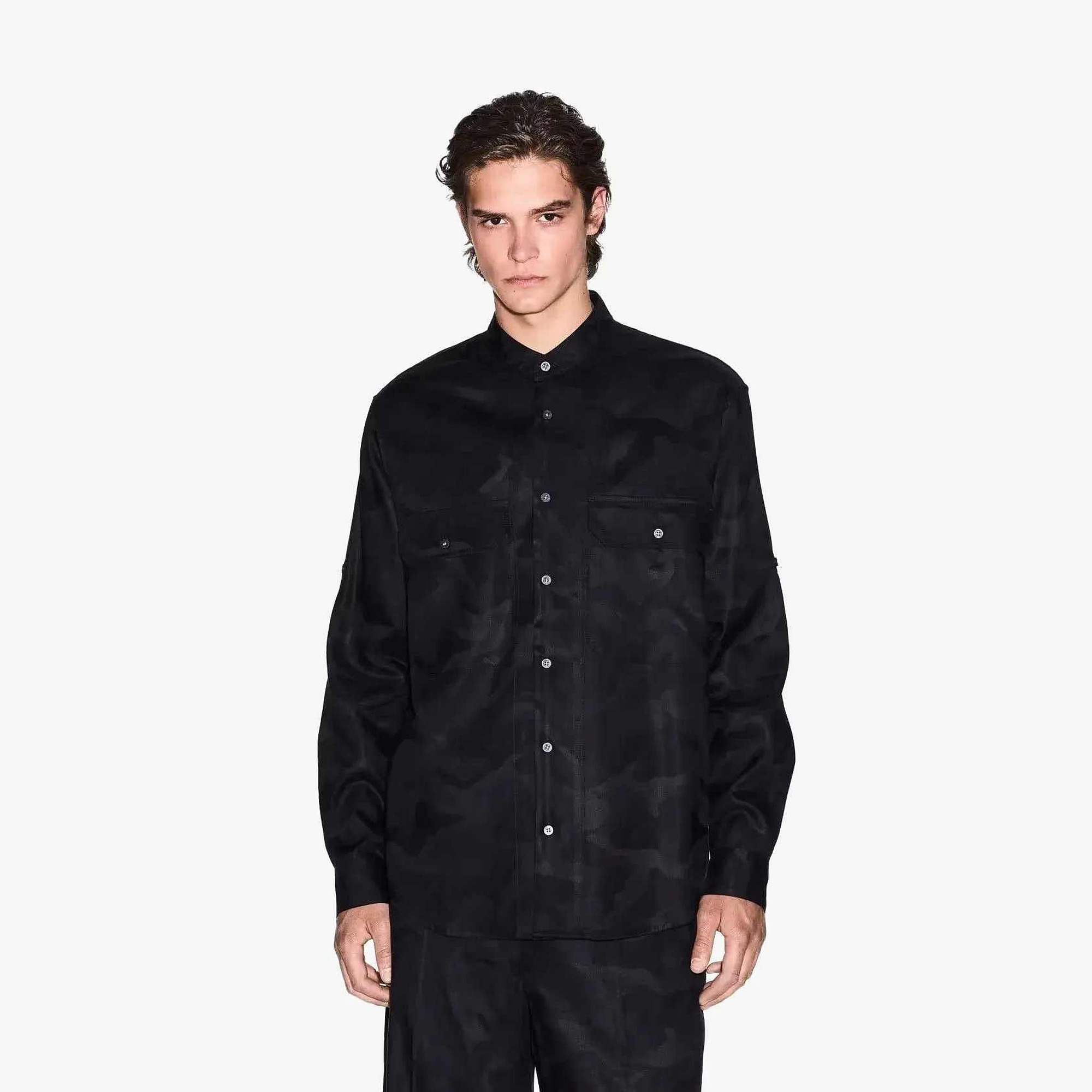 Regular Fit Cotton Button Down Shirt With Mandarin Collar