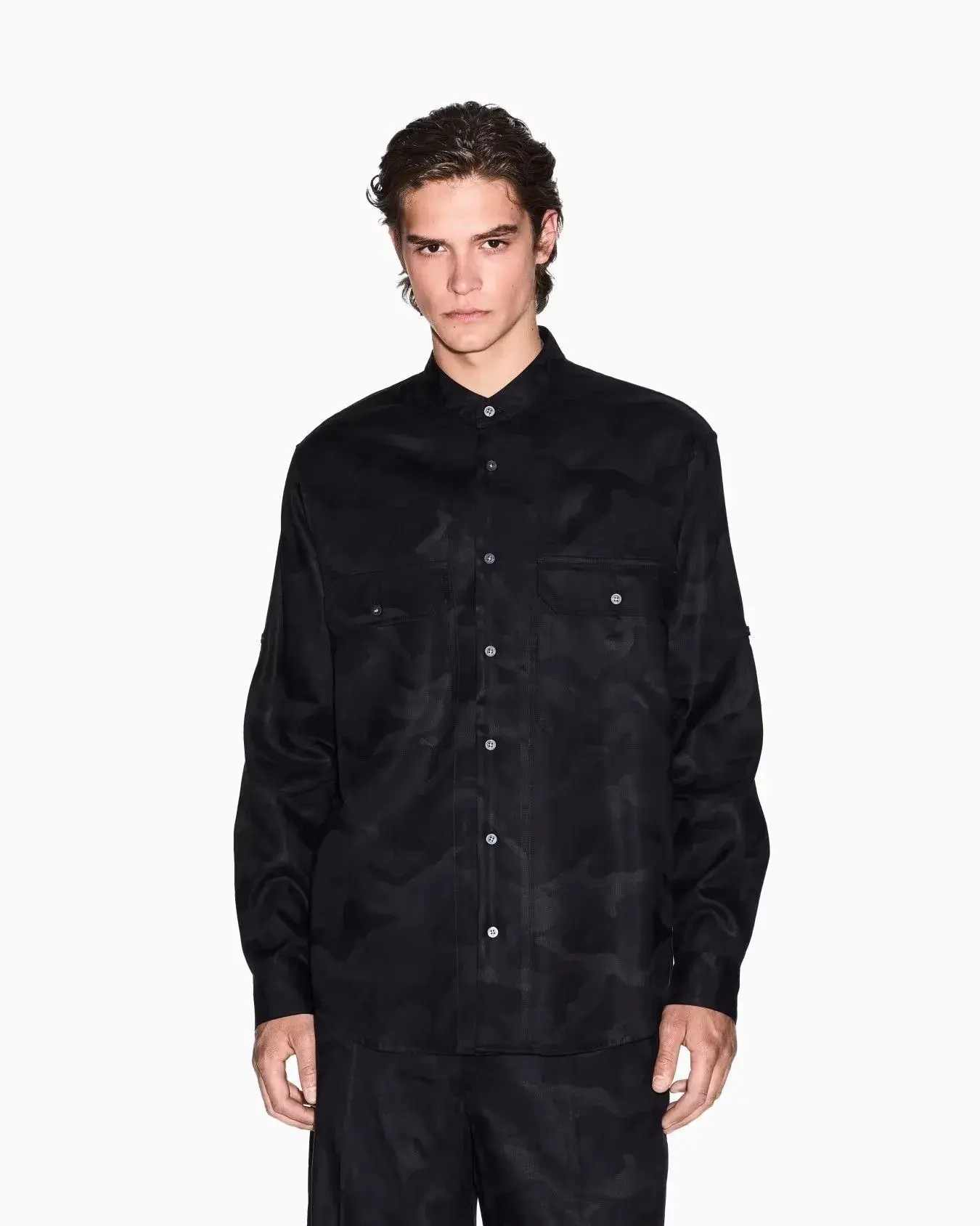 Regular Fit Cotton Button Down Shirt With Mandarin Collar