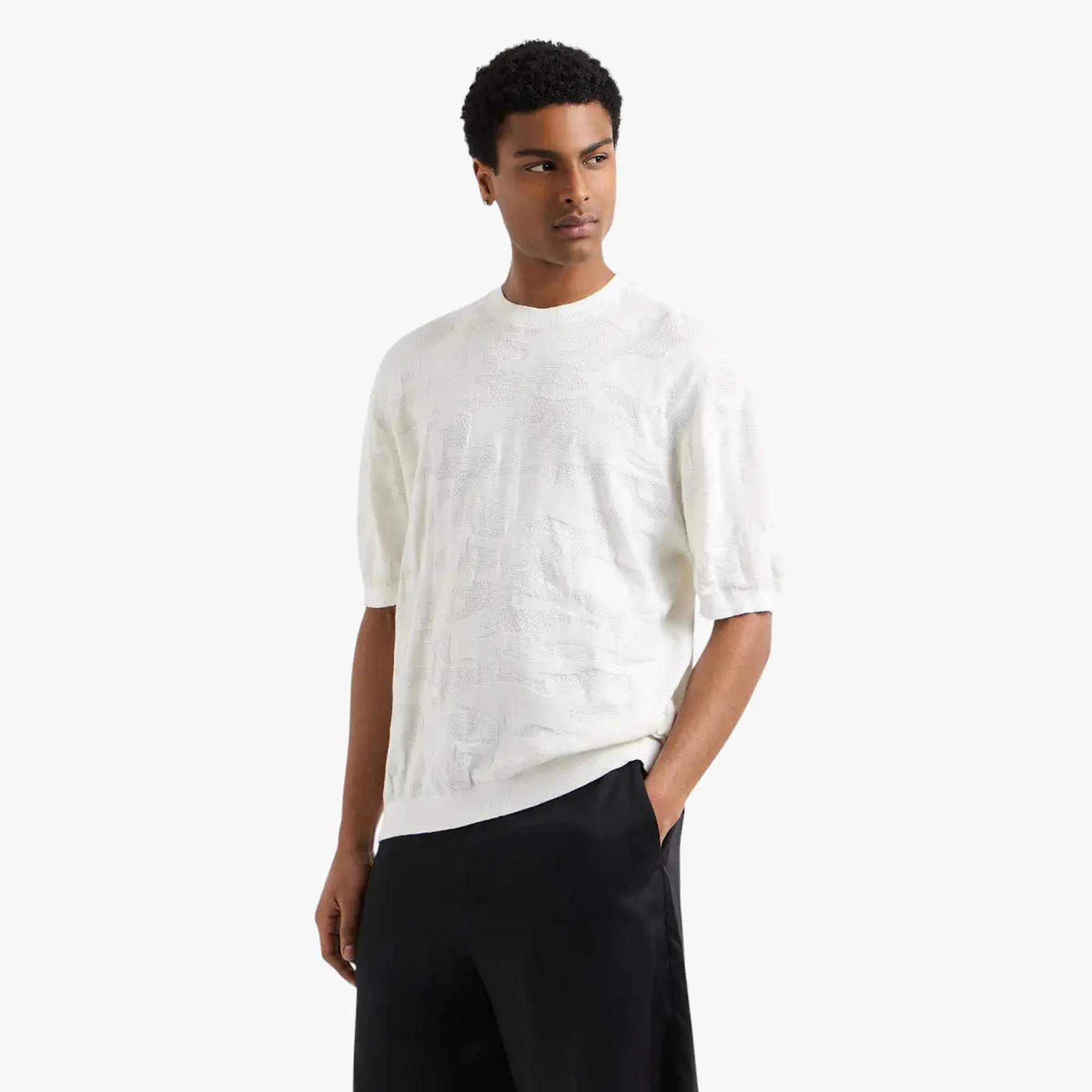 Regular Fit Cotton Crewneck Pullover With Embossed Pattern Detailing