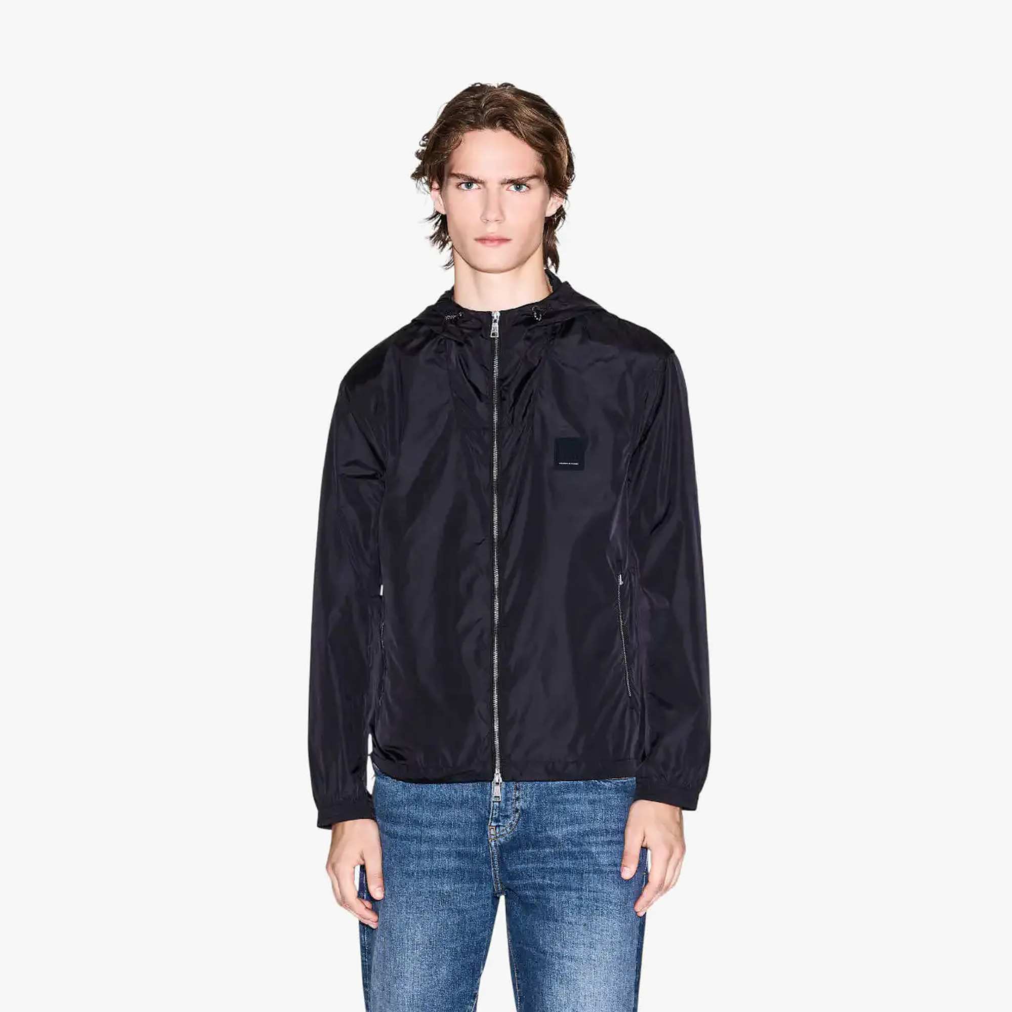 Regular Fit Icon Zip Up Hooded Windbreaker Jacket With Monochromartic Logo Patch