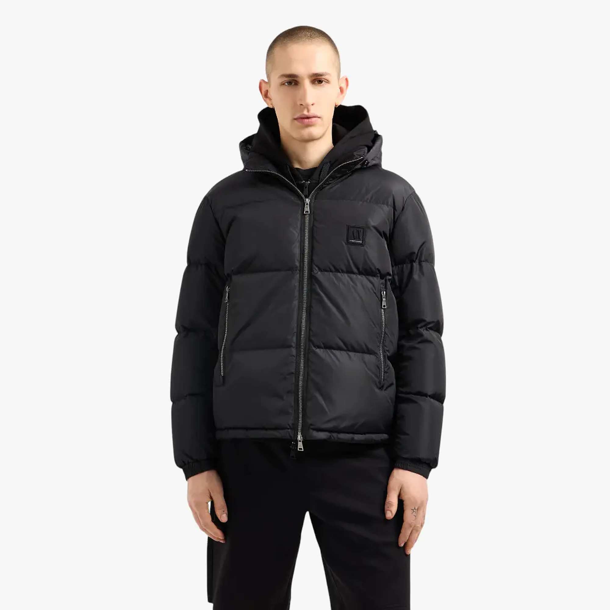 Icon Zip-Up Down Jacket With A Hoodie And Monochromatic Logo Patch