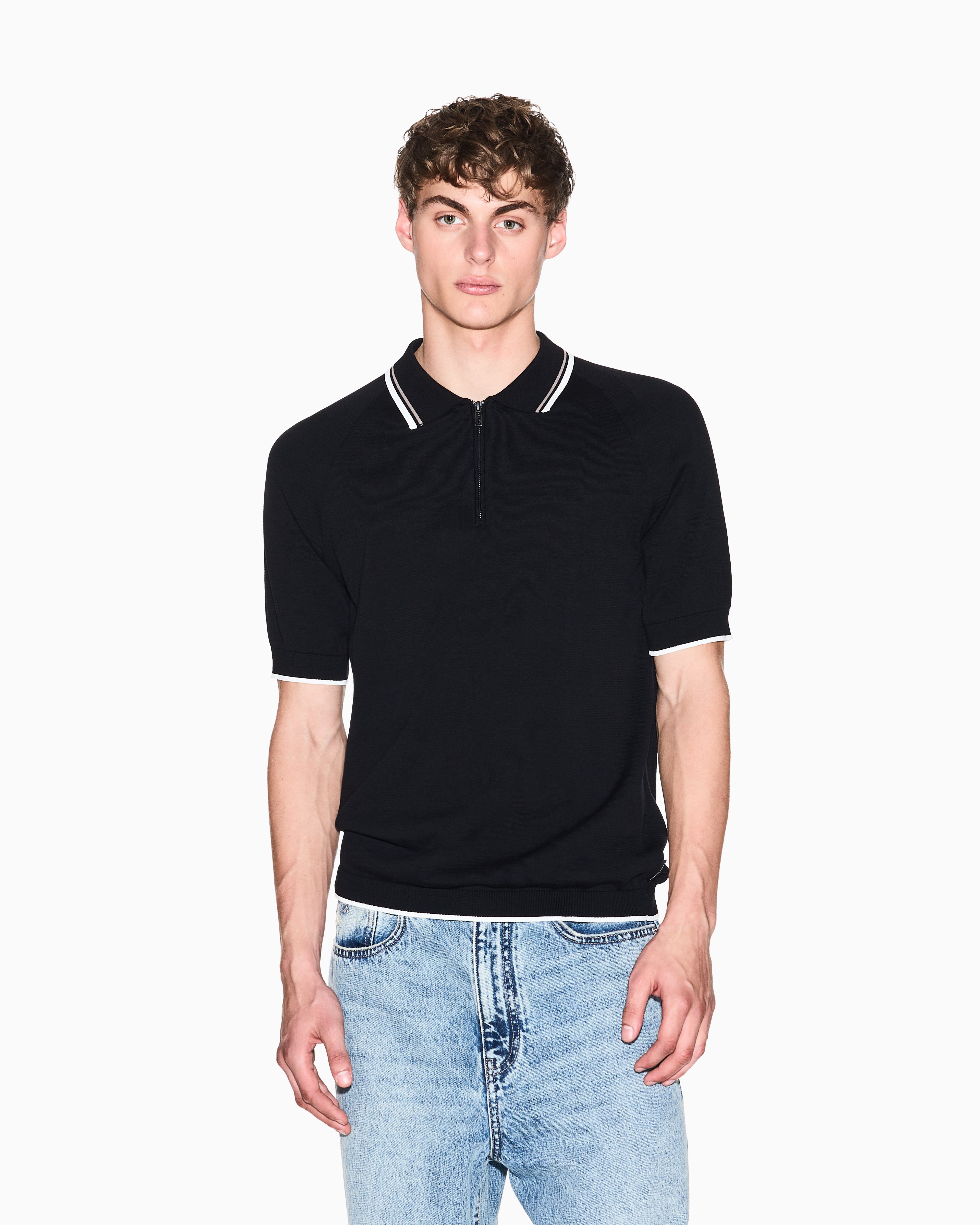 Regular Fit Raglan Knit Polo Shirt With Zip Closure And Contrast Tip Detailing
