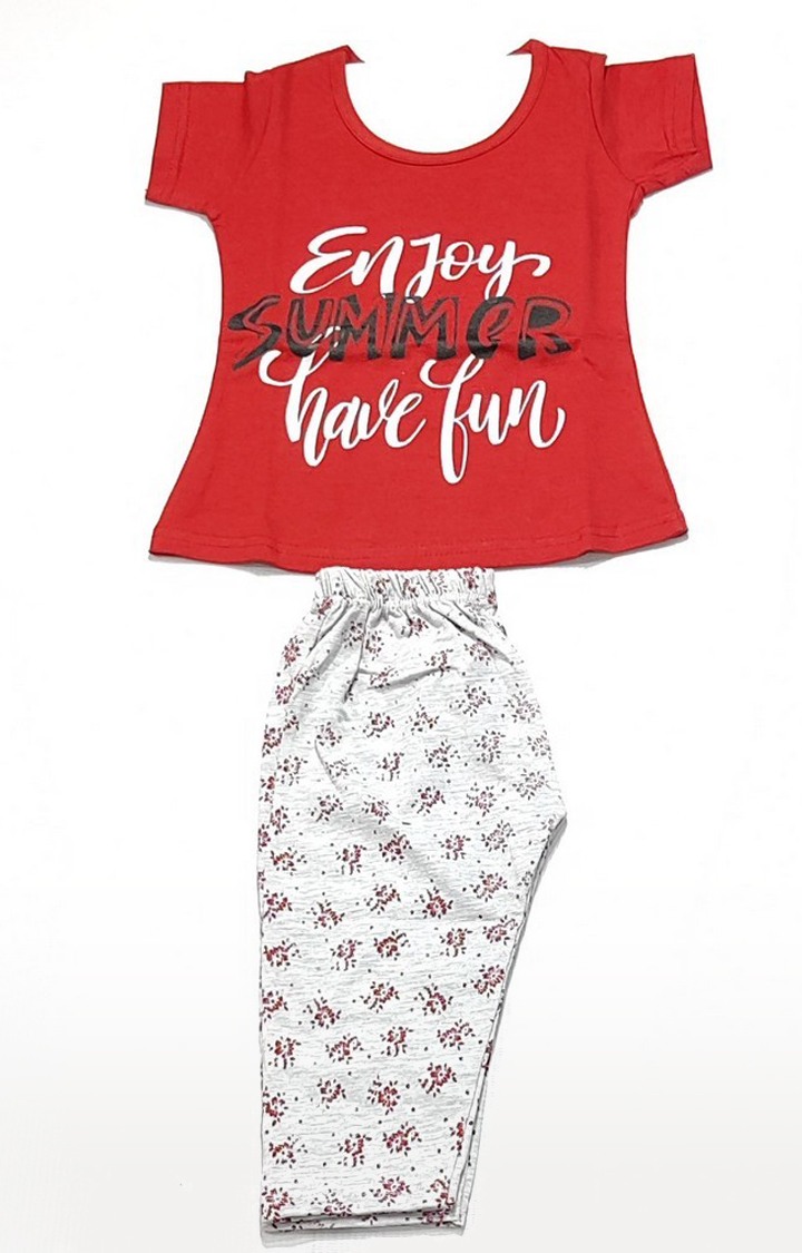 Girl's Red Graphic Printed Top, Shorts And Capri Combo Set