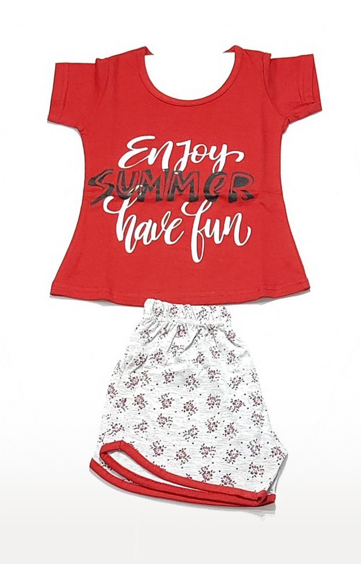 Girl's Red Graphic Printed Top, Shorts And Capri Combo Set