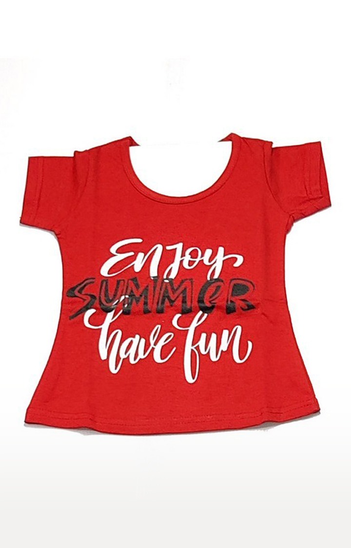 Girl's Red Graphic Printed Top, Shorts And Capri Combo Set