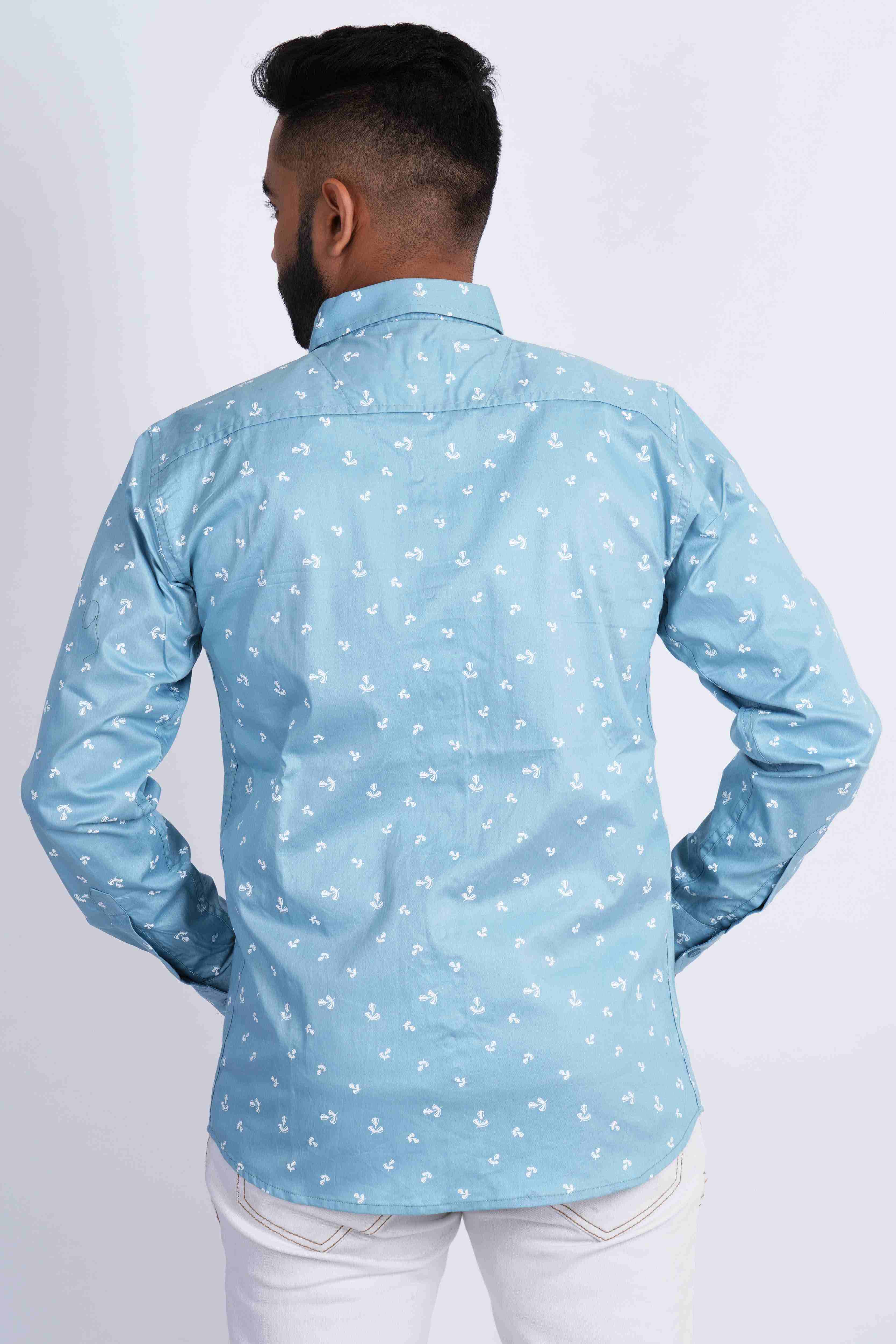 Sky Blue White Super Print Cotton Shirt