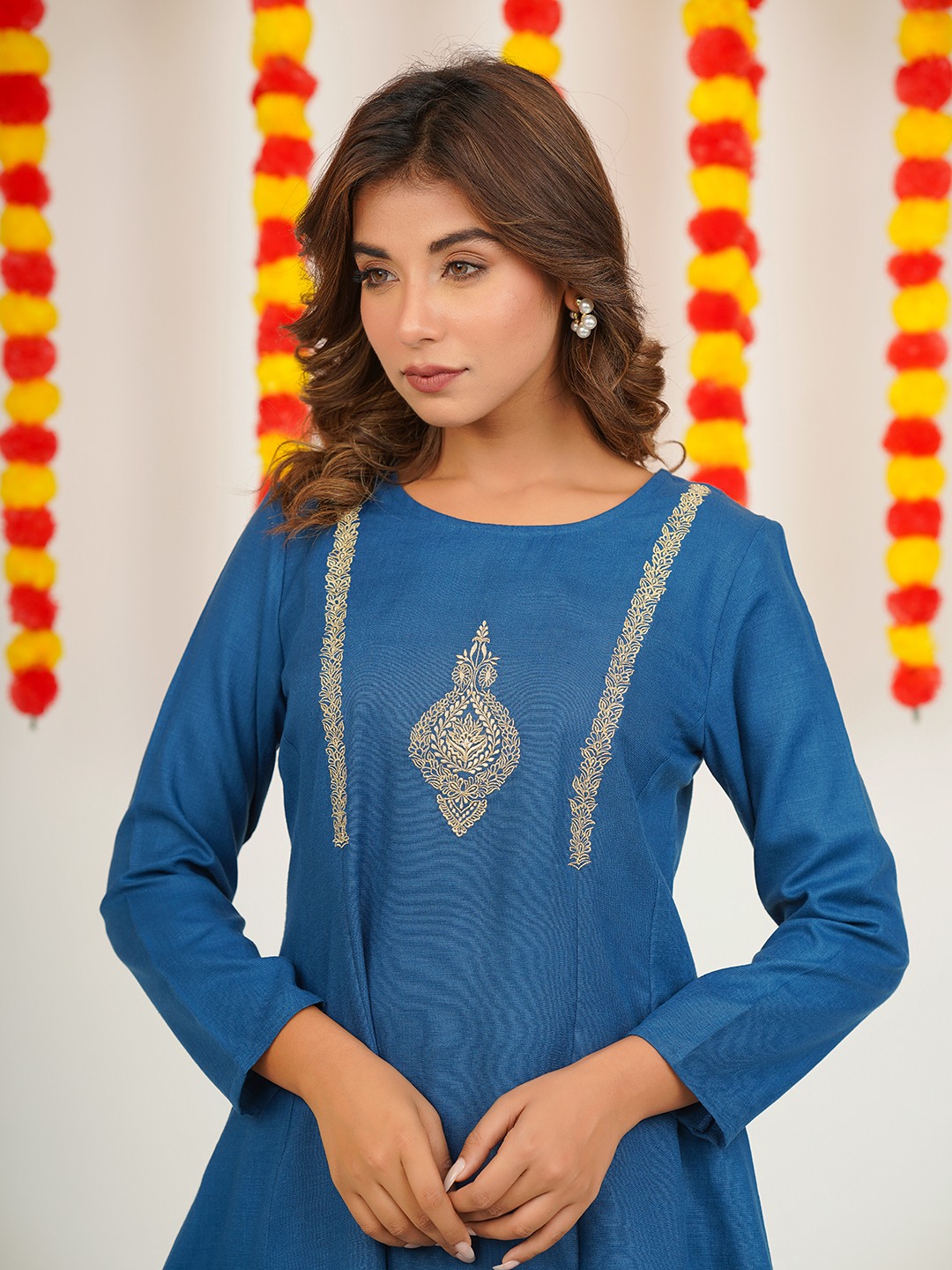 Blended cotton yoke embroidered co-ord set
