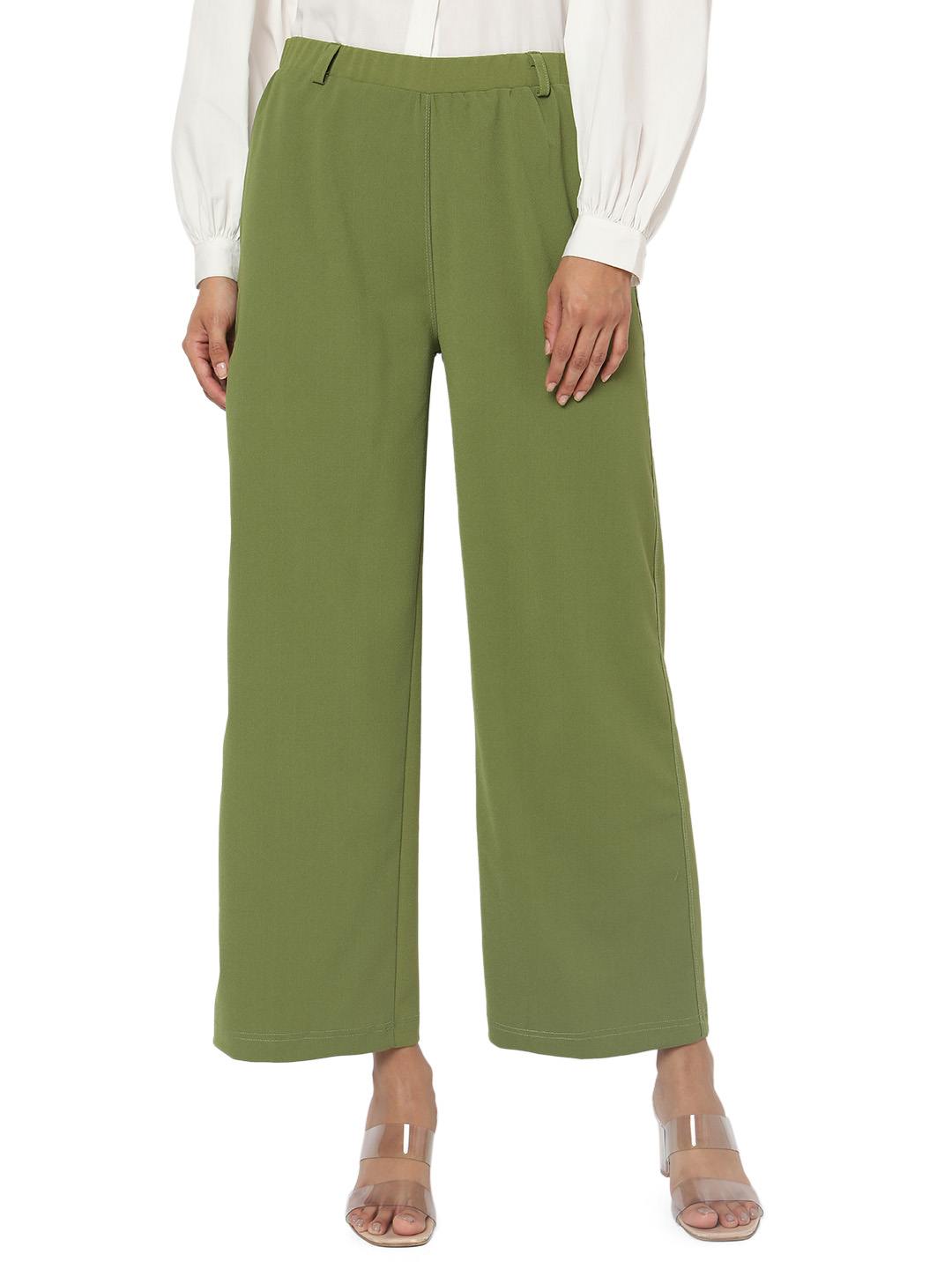 Smarty Pants women's moss cotton lycra olive color flared formal trouser