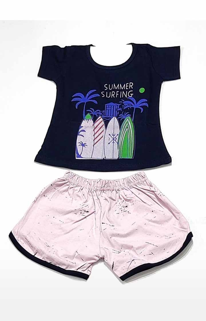 AAAKAR | Girl's Blue Graphic Printed Top And Shorts Combo Pack 0