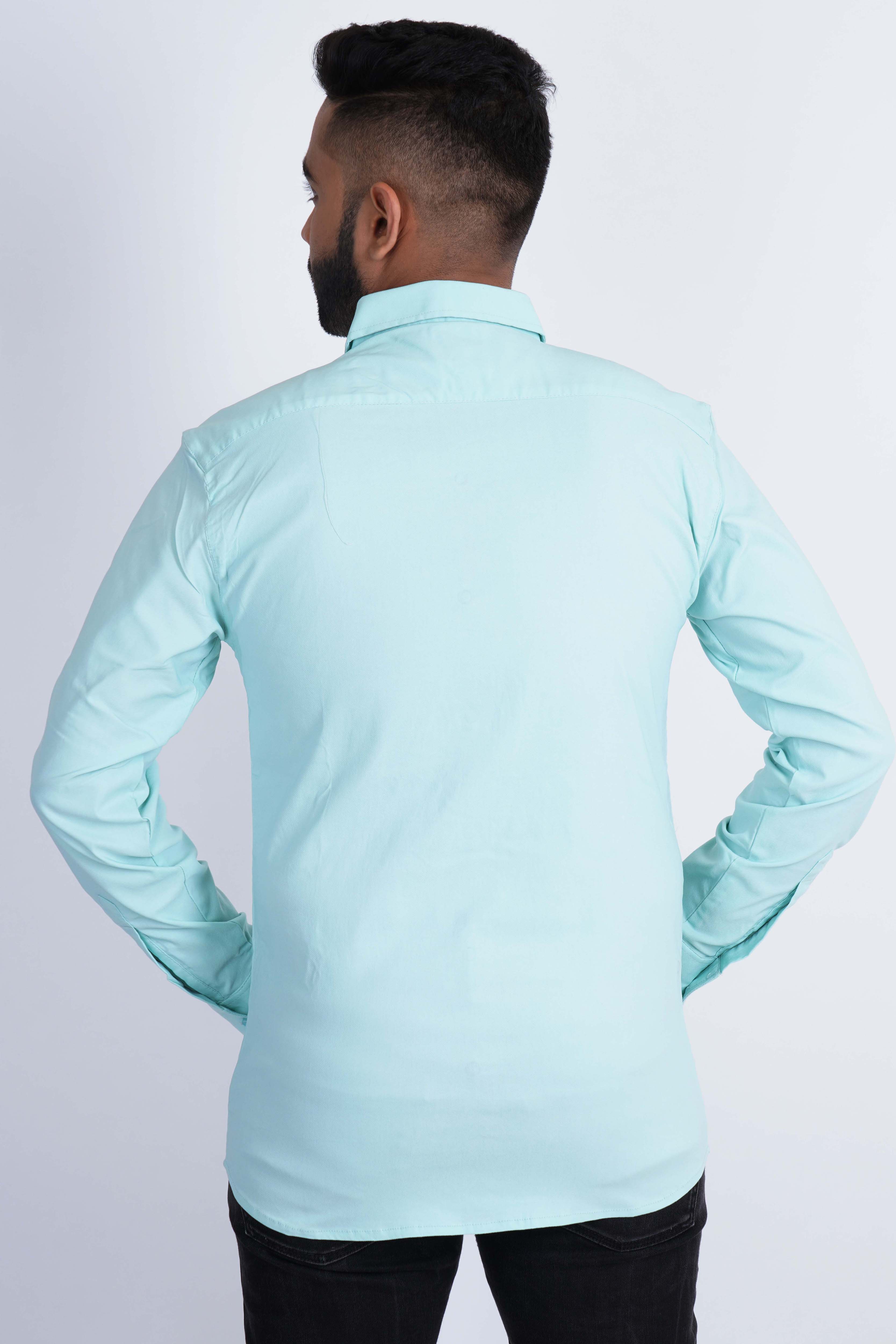 Sea Green Lycra Four Way Stretchable Plain Shirt 