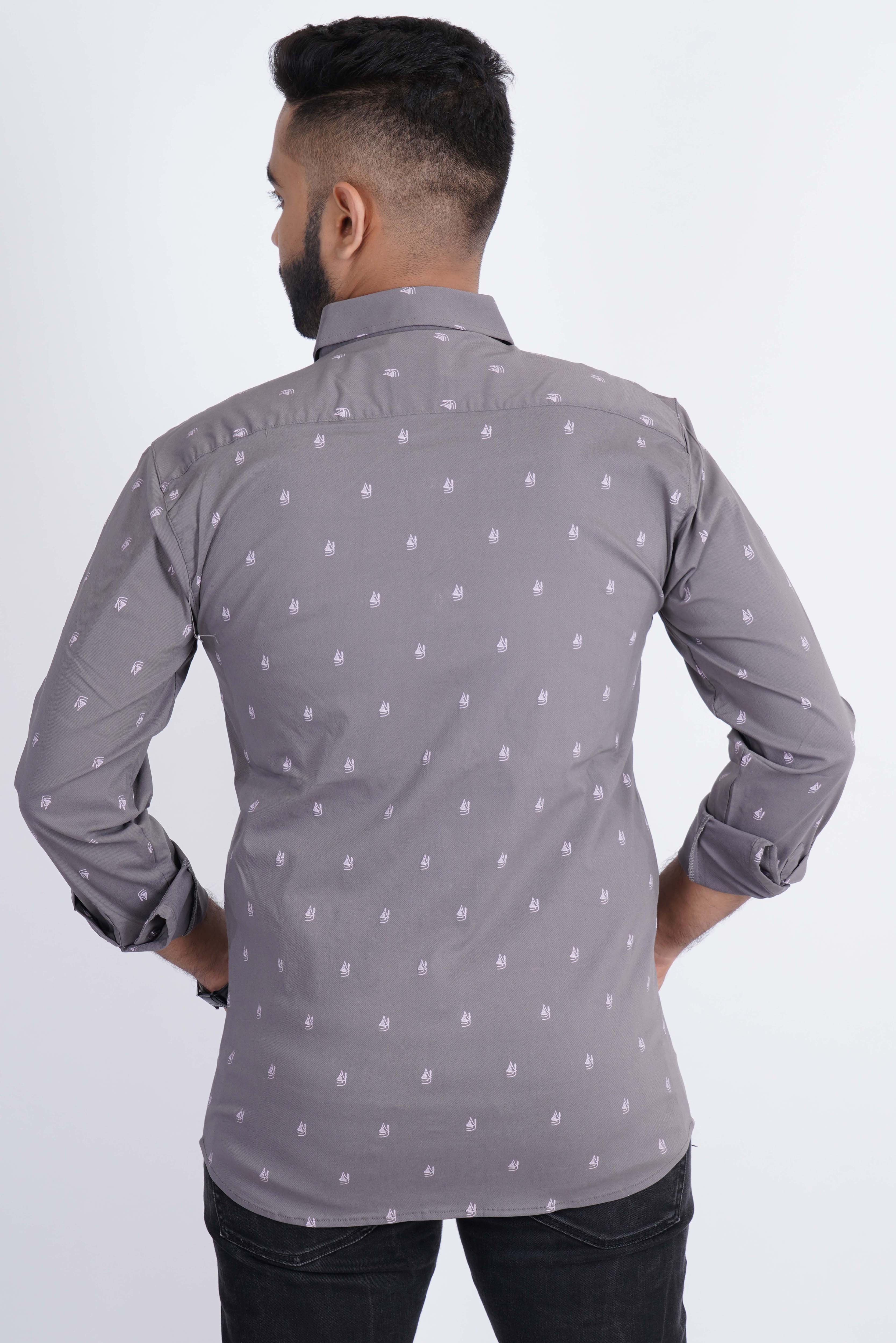 Grey White Mountain Lycra Print Stretchable Shirt