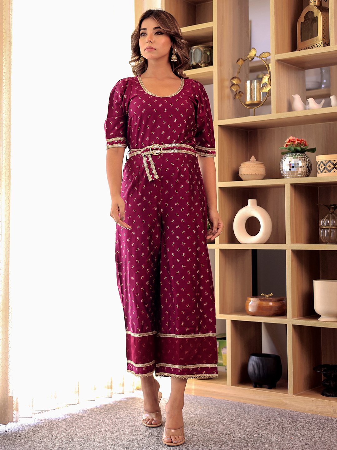 PURPLR PRINTED ROUND NECK JUMPSUIT WITH BELT