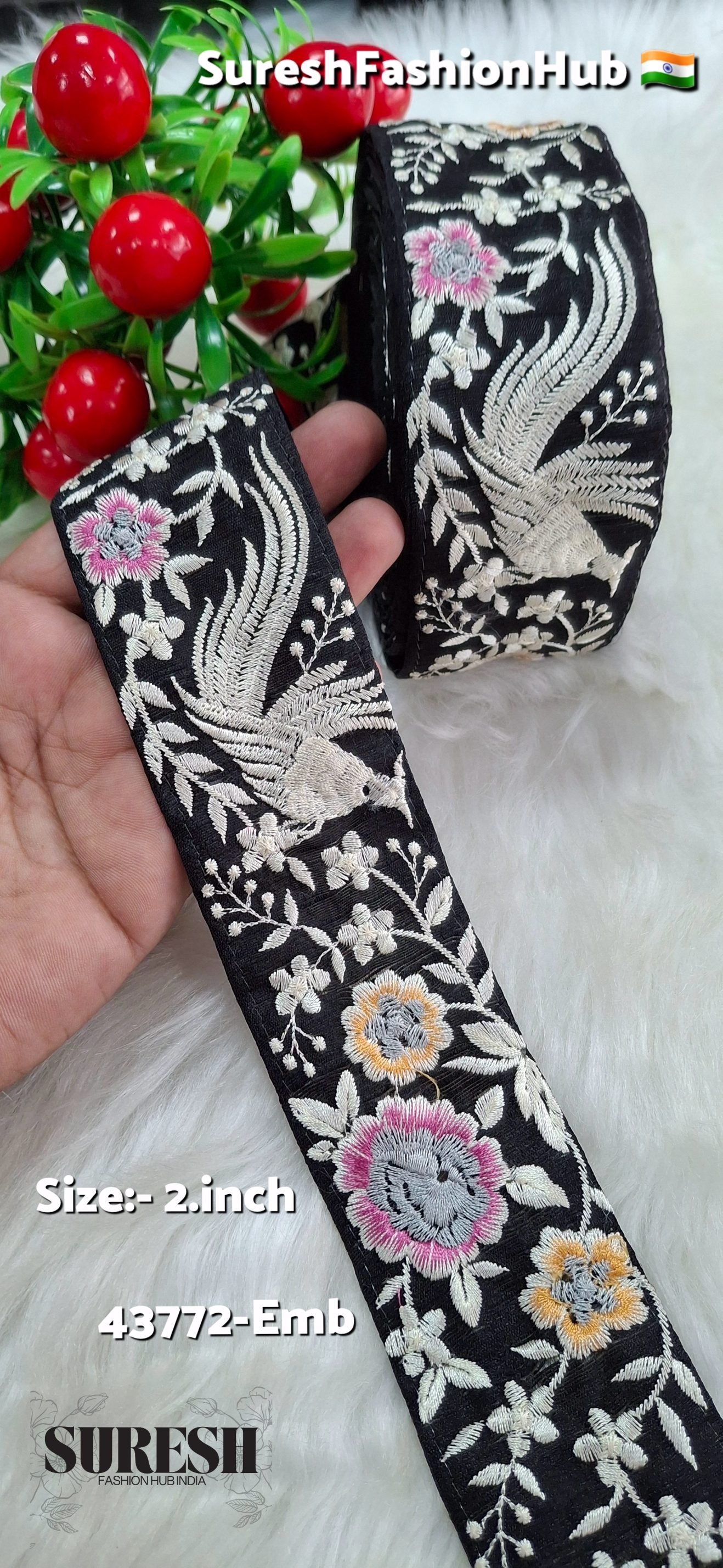 Blush Mist Birdsong Embroidery Lace – Grey & Pink Thread