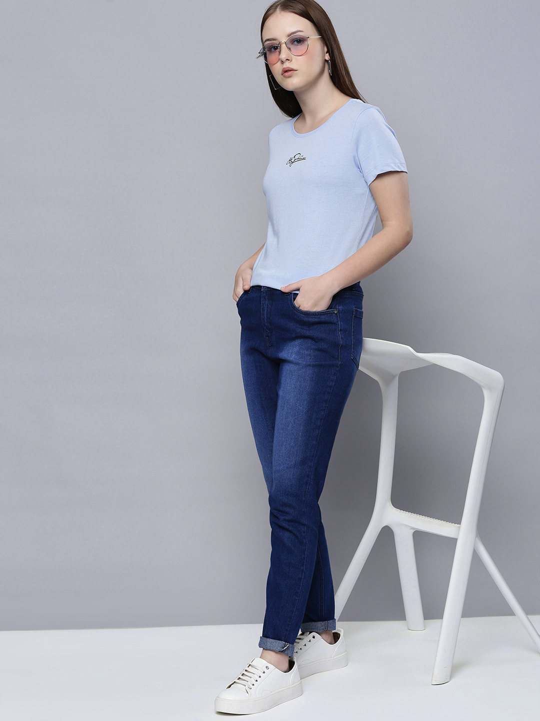 Women's Police Polar Blue Cotton Solid T-Shirts