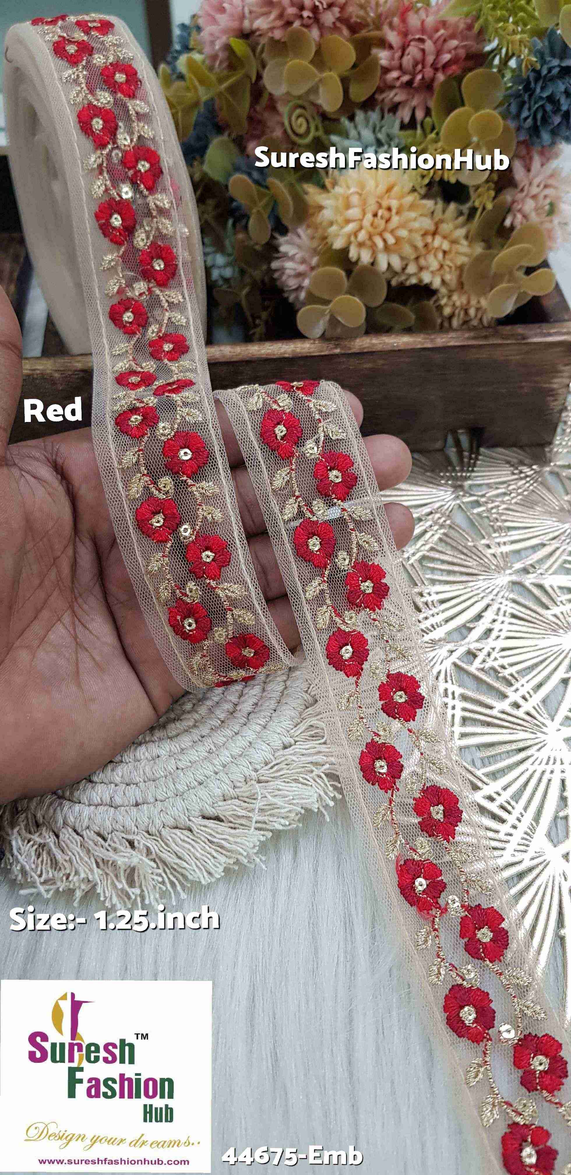 Dual Tone Red Embroidered Net Lace