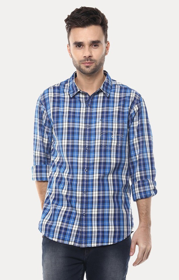 Men's Blue Cotton Checked Casual Shirts
