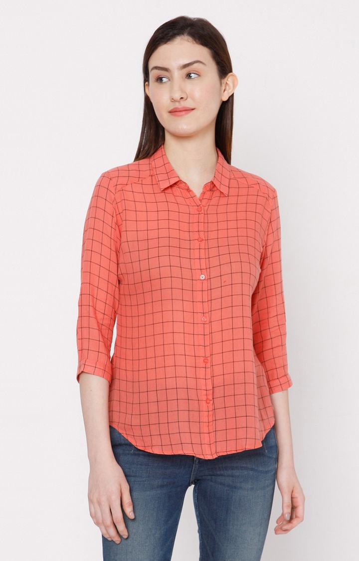 spykar | Women's Orange Cotton Checked Casual Shirts 0