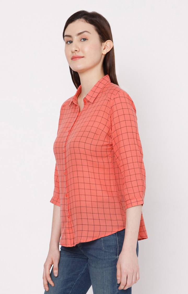spykar | Women's Orange Cotton Checked Casual Shirts 2