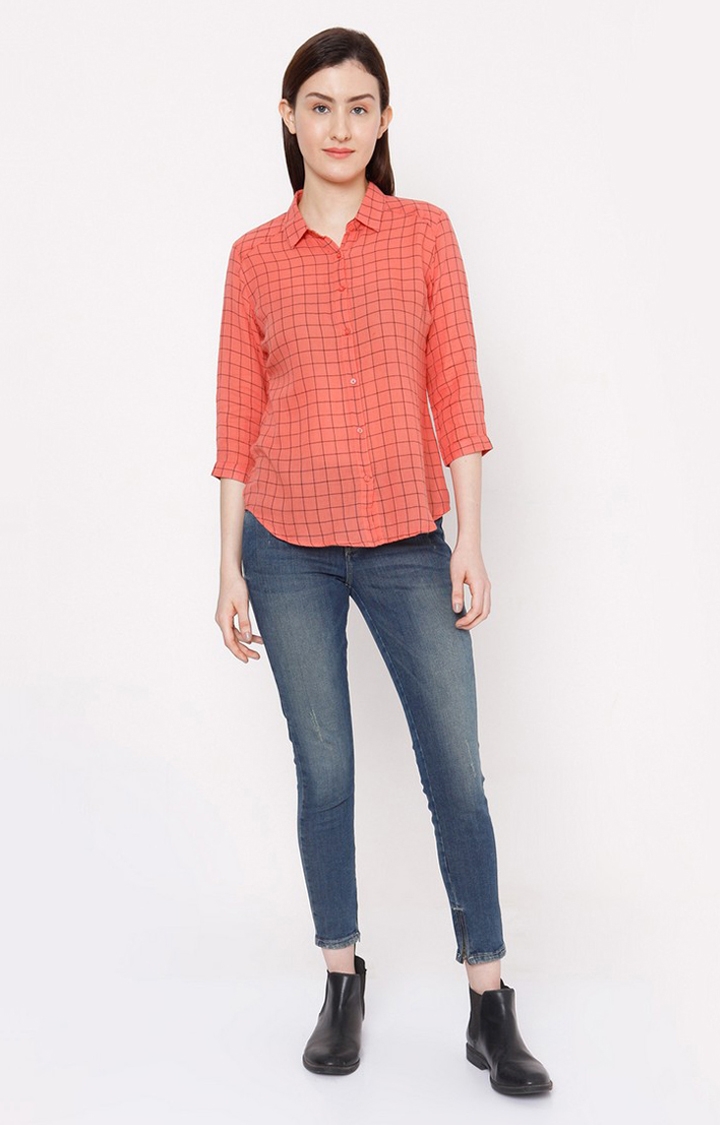 spykar | Women's Orange Cotton Checked Casual Shirts 1