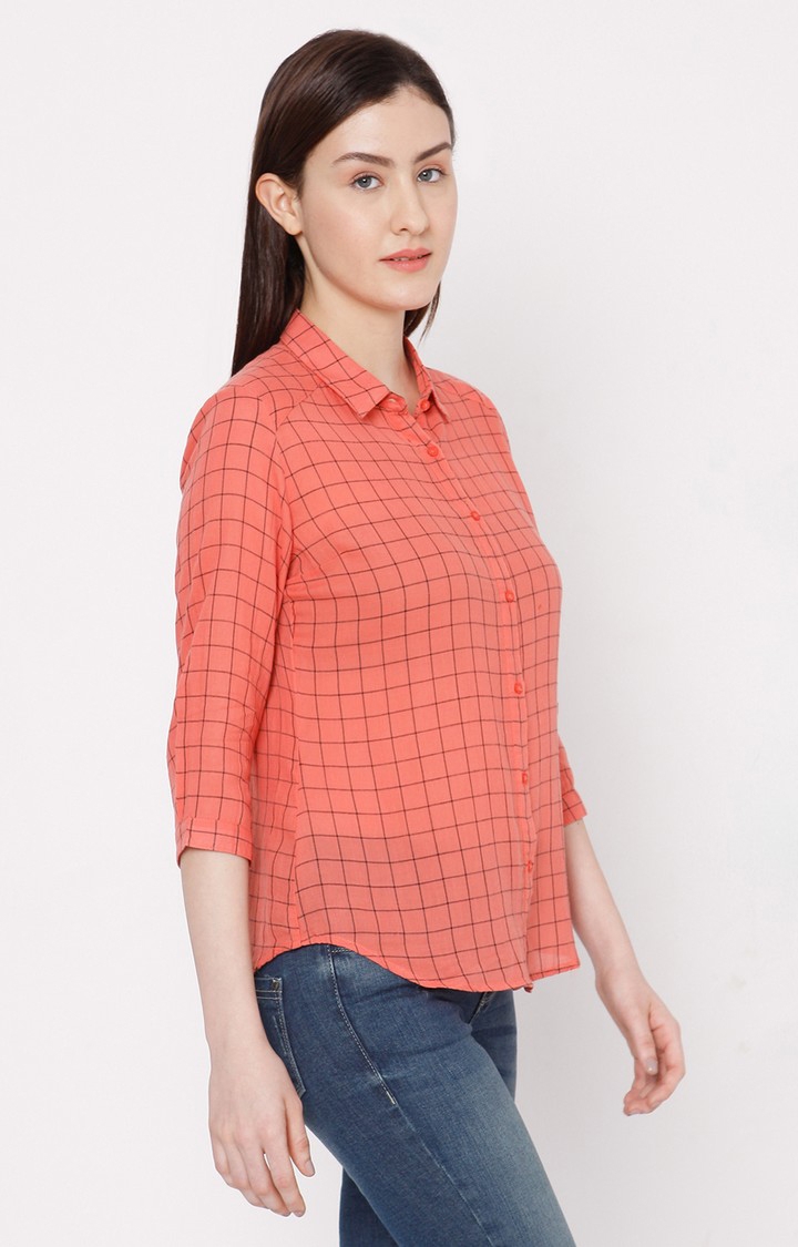 spykar | Women's Orange Cotton Checked Casual Shirts 3