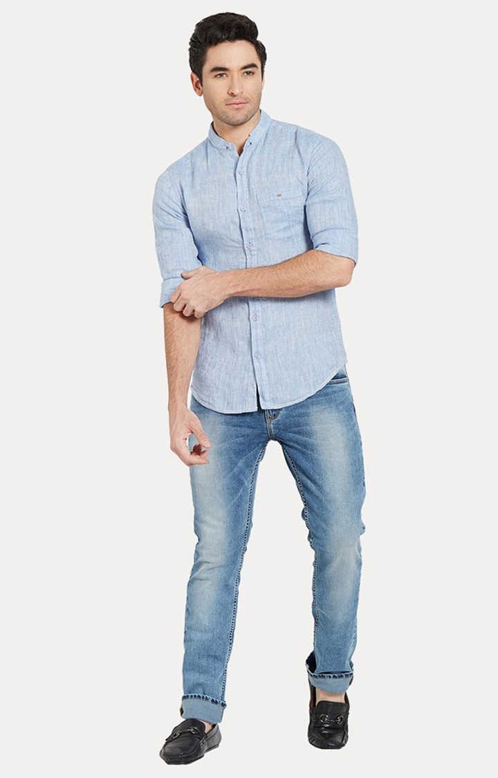 spykar | Men's Blue Linen Melange Casual Shirts 1