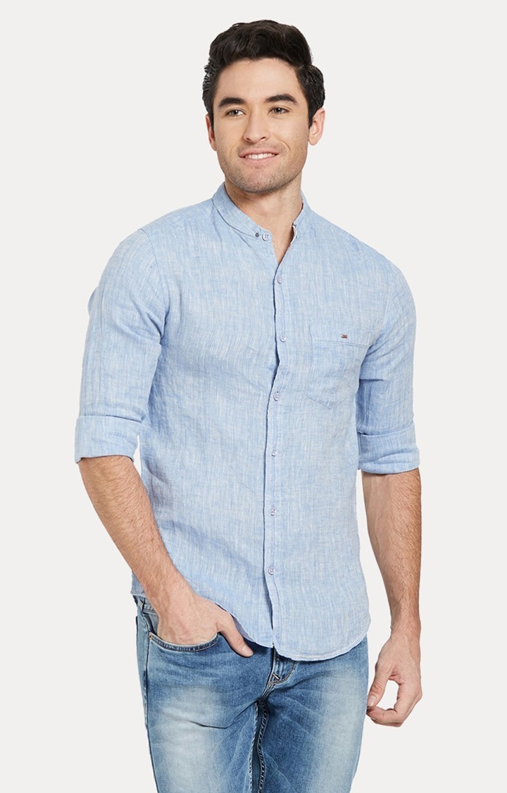 spykar | Men's Blue Linen Melange Casual Shirts 0