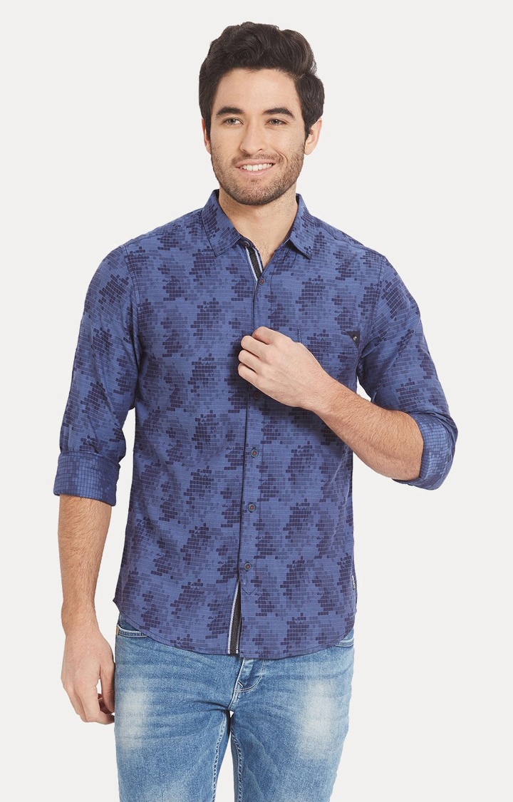 spykar | Men's Blue Silk Printed Casual Shirts 0