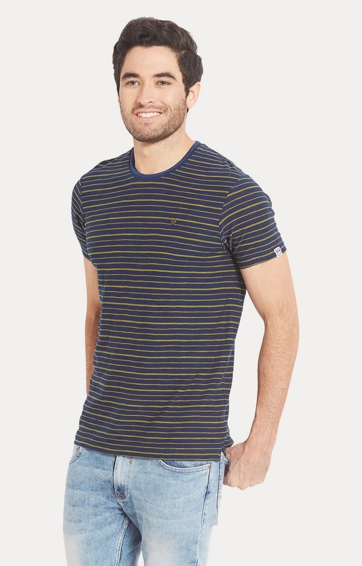 spykar | Spykar Navy & Yellow Striped Slim Fit T-Shirt 2