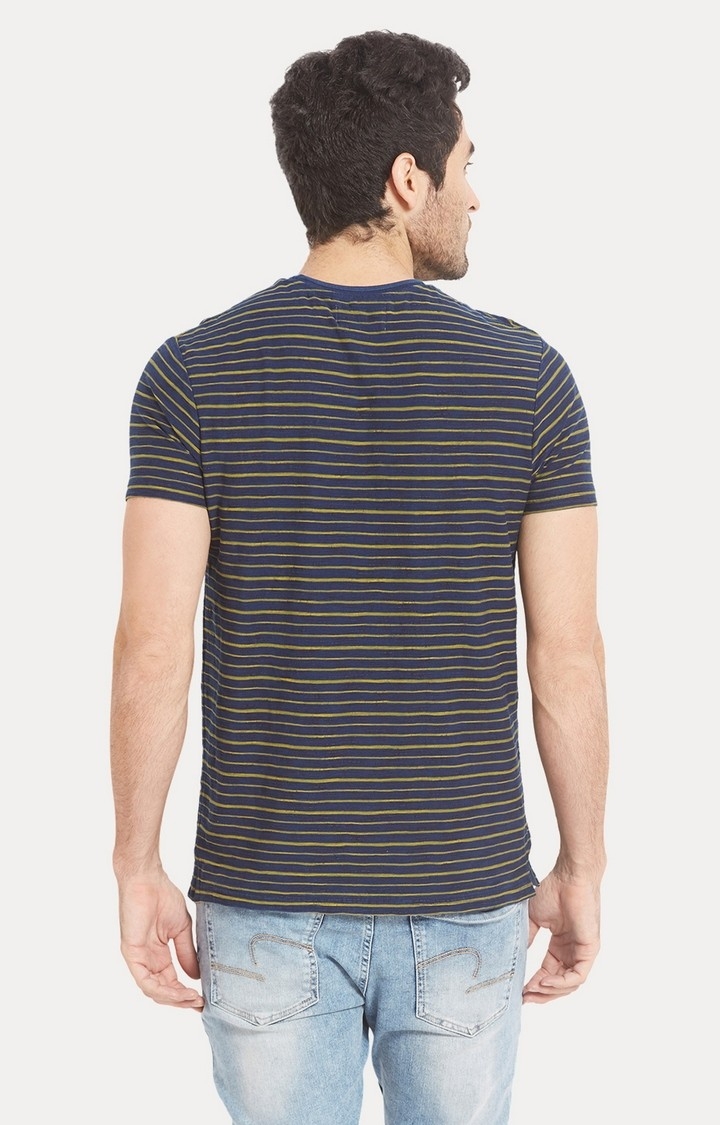 spykar | Spykar Navy & Yellow Striped Slim Fit T-Shirt 3