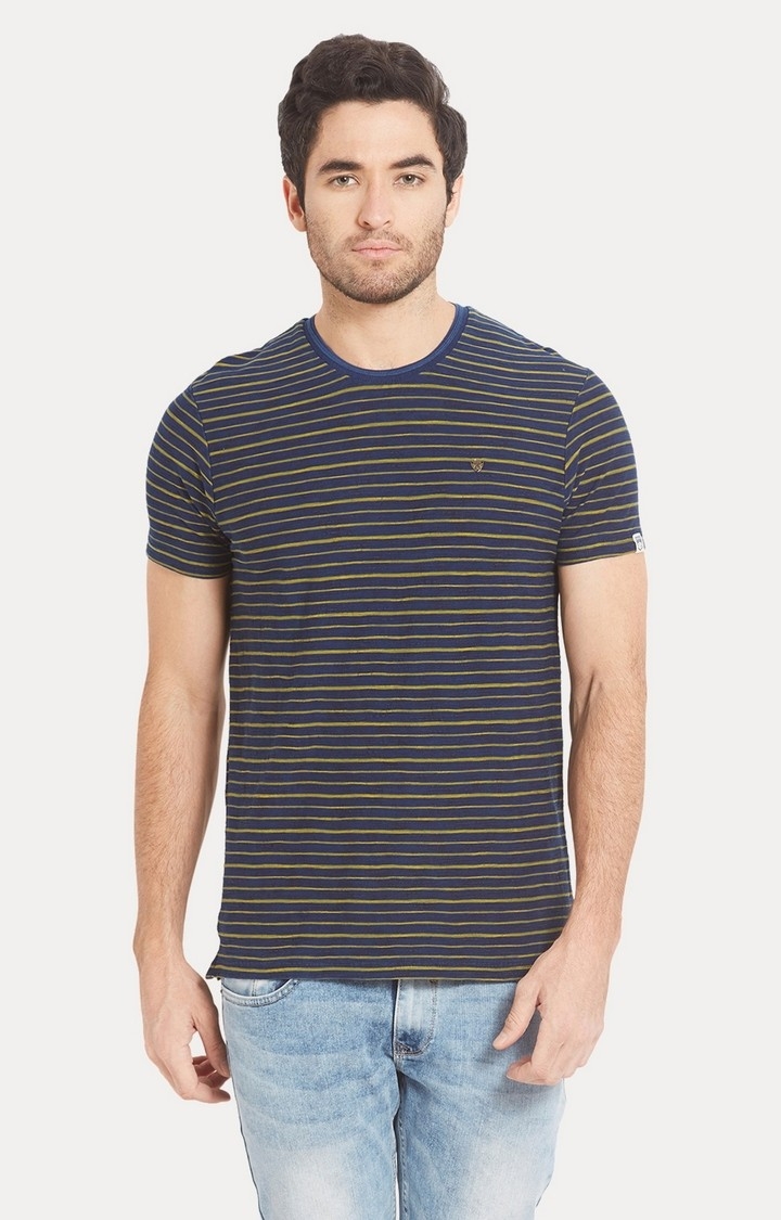 spykar | Spykar Navy & Yellow Striped Slim Fit T-Shirt 0