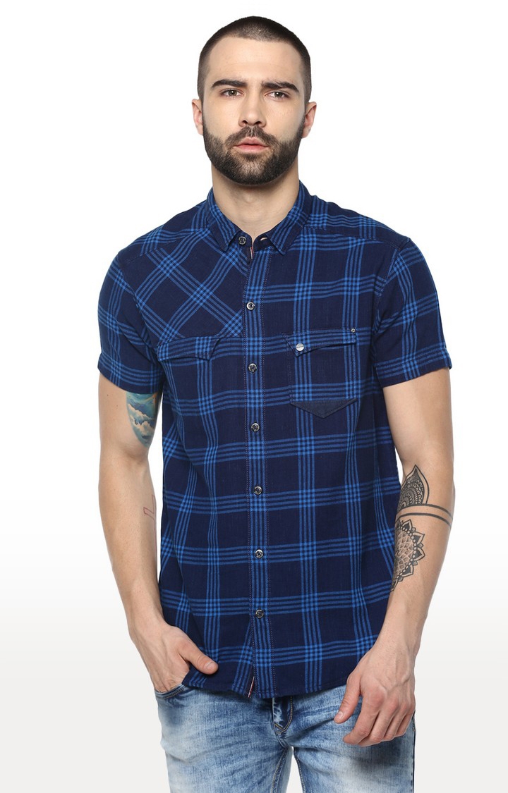 spykar | Men's Blue Cotton Checked Casual Shirts 0