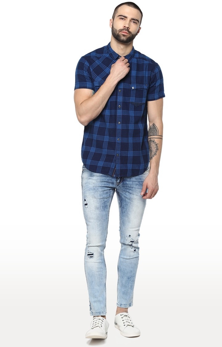 spykar | Men's Blue Cotton Checked Casual Shirts 1