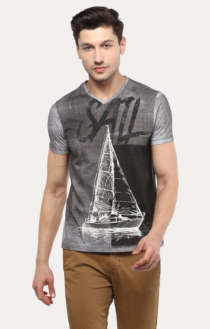 spykar | Grey Printed Slim Fit T-Shirt 0
