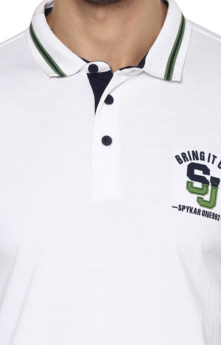 spykar | spykar White Solid Slim Fit Polo T-Shirt 4