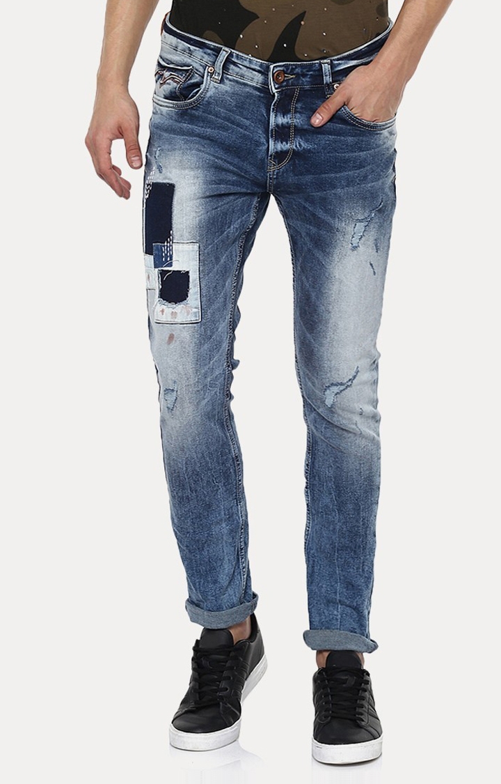 spykar | Men's Blue Cotton Ripped Slim Jeans 0
