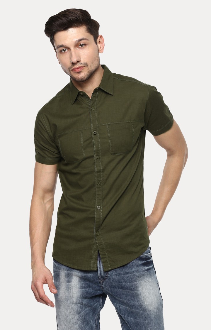 spykar | Men's Green Cotton Solid Casual Shirts 0