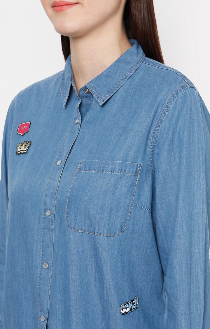 spykar | Women's Blue Cotton Solid Casual Shirts 4