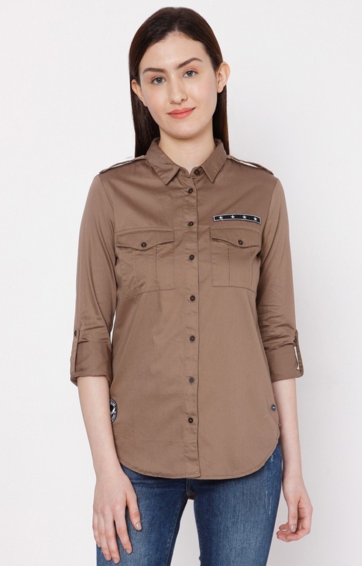 spykar | Women's Brown Cotton Solid Casual Shirts 0