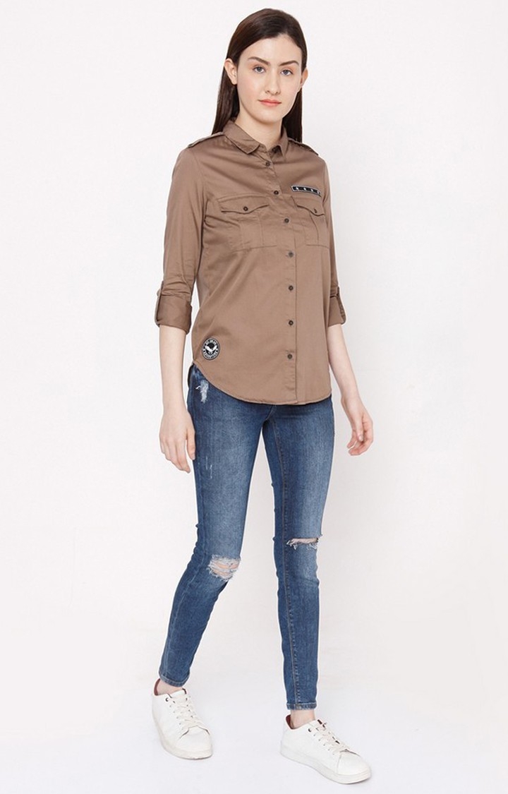 spykar | Women's Brown Cotton Solid Casual Shirts 1